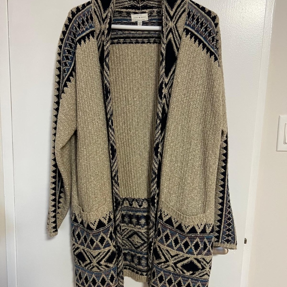 Lucky Brand Beige, Black and Blue Open-Front Knit Cardigan